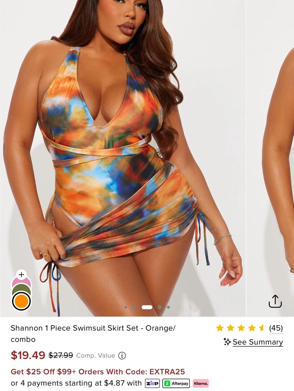 Fashion Nova Orange Combo Tie-Dye One-Piece Swimsuit with Wrap Skirt